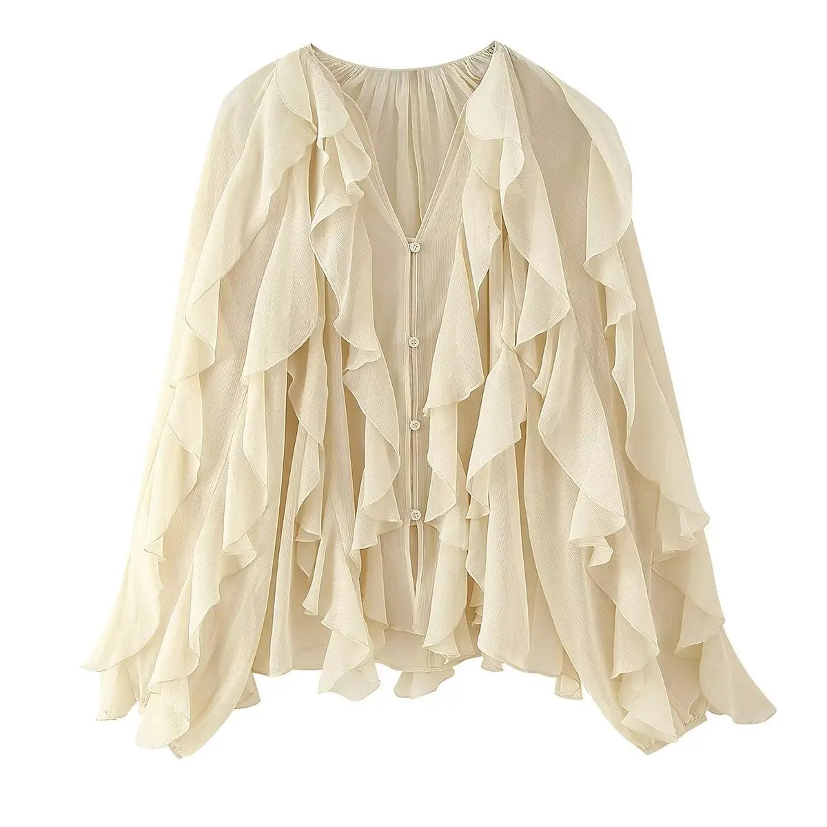 Blouse À Volants Semi-Transparente Femme Col V – Manches Longues Boutons | Style Sensuel Automne Bordeaux