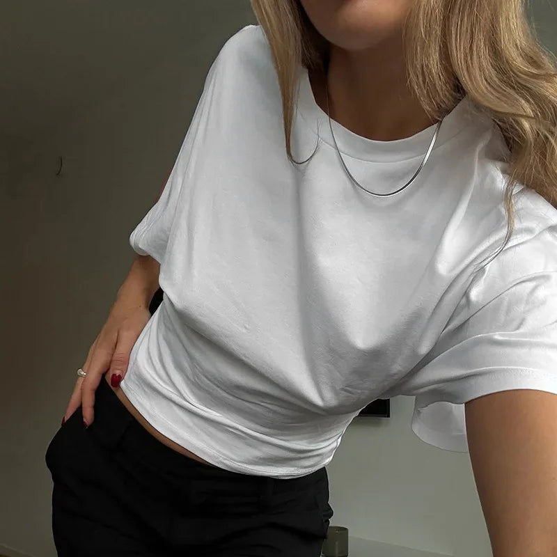 T-Shirt Crop Top Femme Gris Col Rond Style Corset – Casual Solid Streetwear | Printemps Été