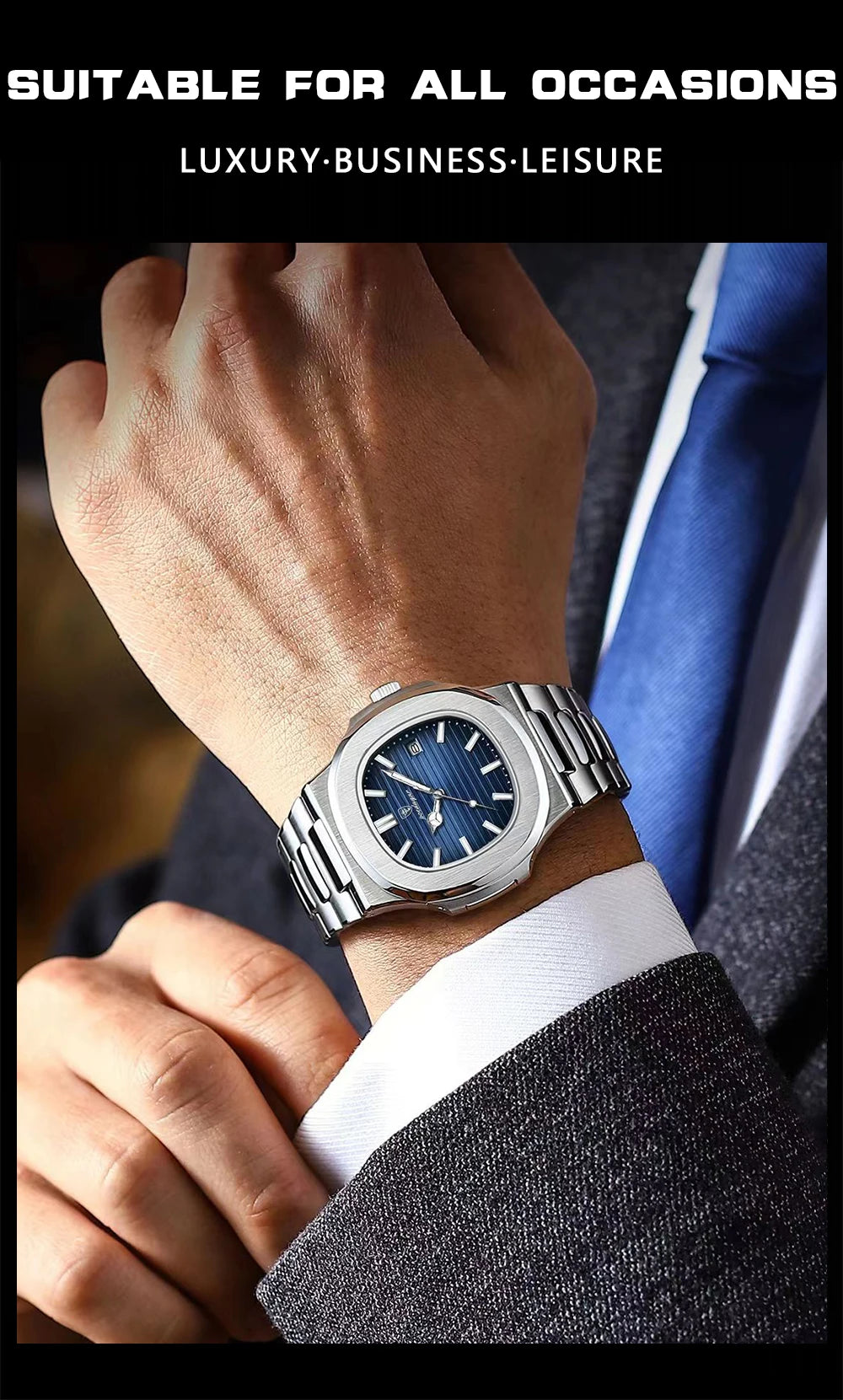 Montre Homme POEDAGAR Carré Luxe Quartz – Acier Lumineux Étanche Date Sport Business