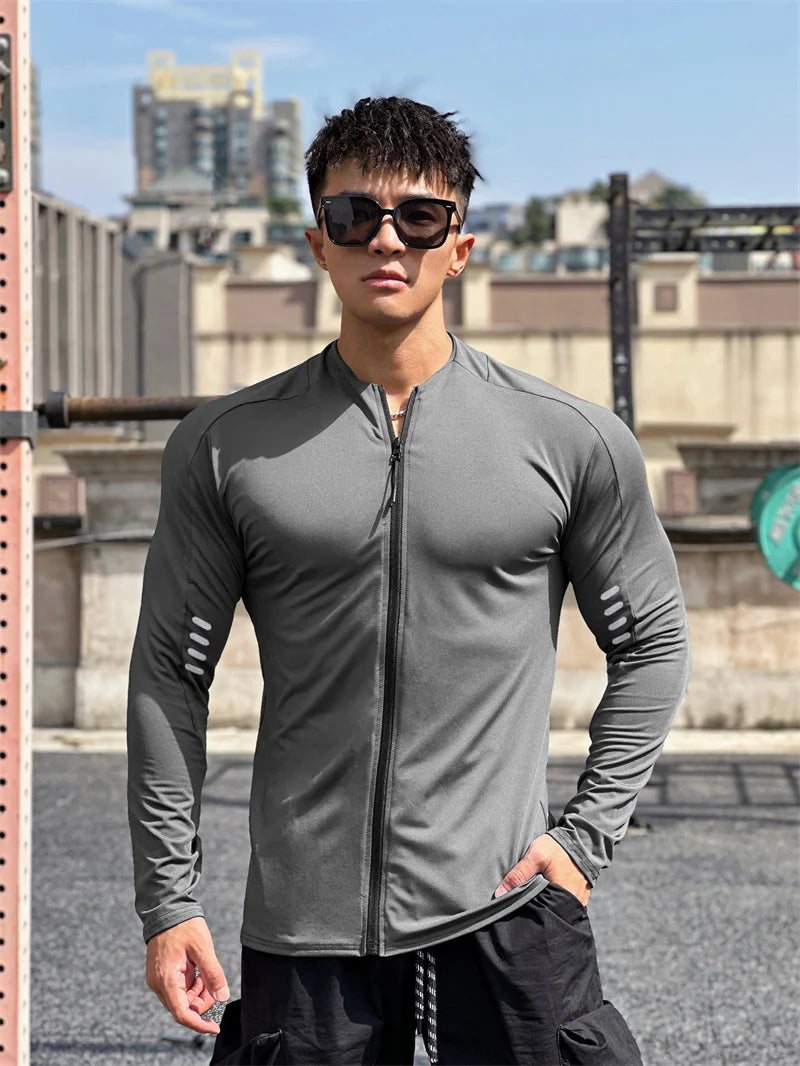 T-Shirt Zippé Homme Manches Longues – Jogging Gym Fitness Training Casual Sport