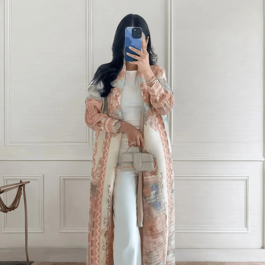 Kimono Cardigan Long Femme Abaya Imprimé Vintage Miyake Fluide Ample – Mode Modesté & Élégance