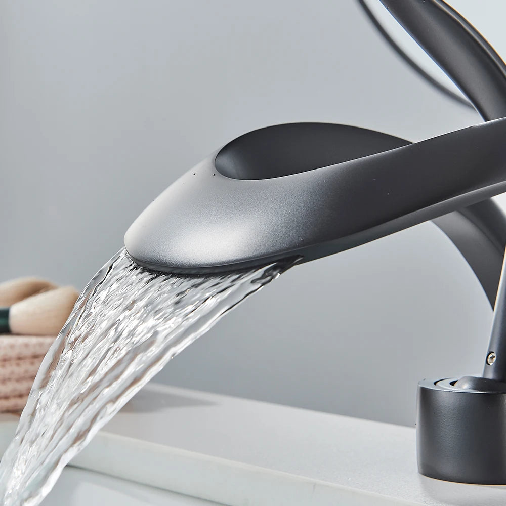 Rozin Robinet Lavabo Luxe Noir & Gris – Effet Cascade, Laiton, Style Moderne | Mitigeur Eau Chaude & Froide Vasque