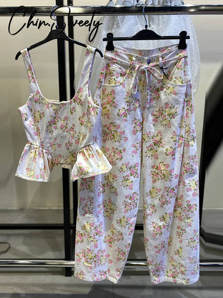 Ensemble 2 Pièces Imprimé Élégant - Gilet Sans Manches À Volants & Pantalon Large | Printemps Été 2026