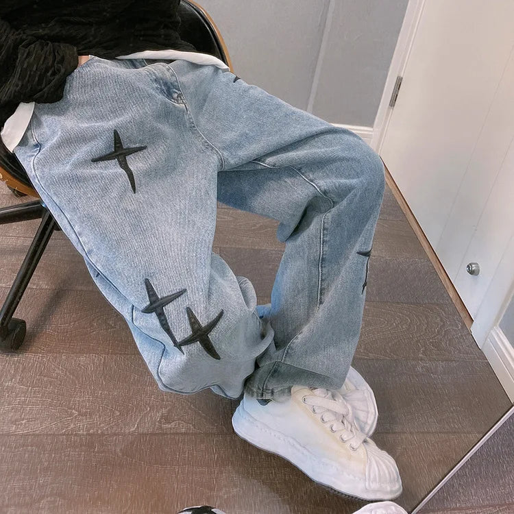Jean Homme Imprimé Baggy Wide Leg Style Coréen K-Fashion Streetwear Cargo Droit Casual Loose Denim Tendance Urbain – Jean Baggy Premium K-Fashion | Mode Homme Streetwear K-Fashion Premium
