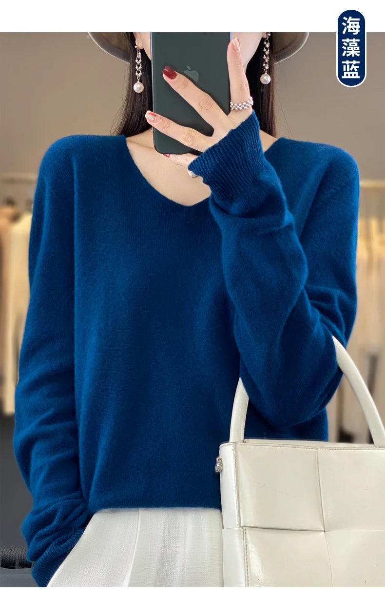 Kaschmirpullover 100% Wolle V-Ausschnitt Damen - Strick Casual Korean Fashion Herbst Winter