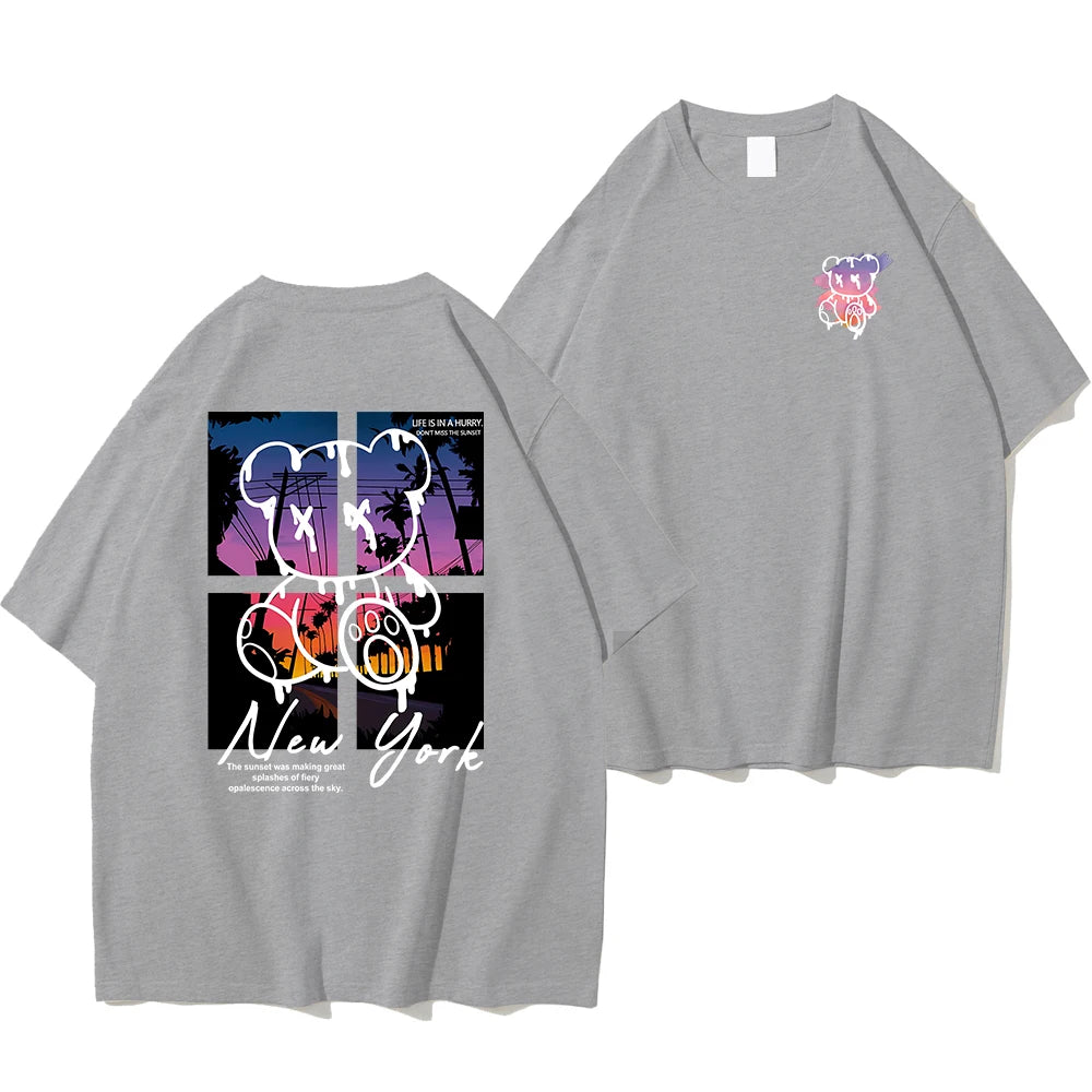 T-Shirt Homme New York Art Cartoon Bear Coucher de Soleil Coton Loose Oversize Été Streetwear Graphic Fashion Tendance Confortable – T-Shirt Graphic Art Premium Oversize New York | Mode Homme Streetwear Graphic Art Premium