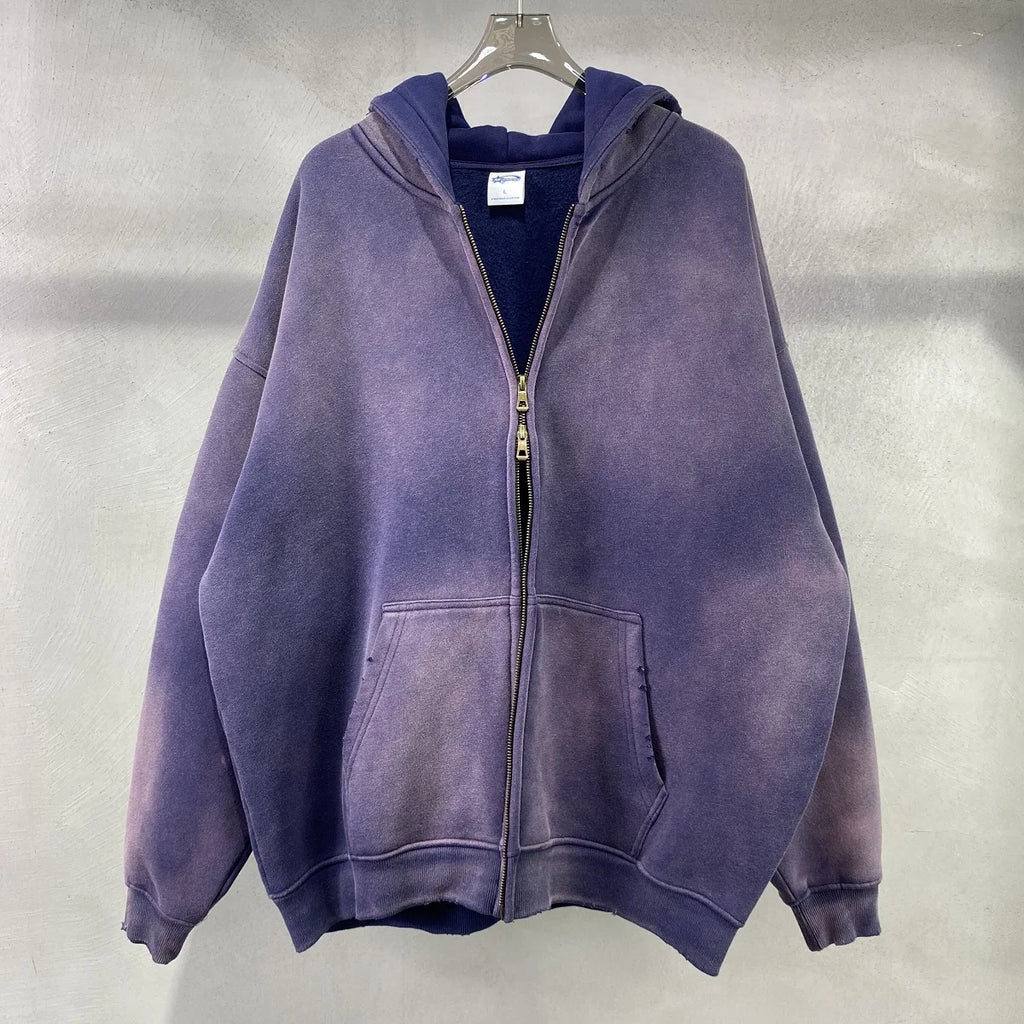 Hoodie Homme Oversize Zip Tie Dye Dégradé – Sweat Cardigan Peluche Loose Grande Taille Hiver | Mode Homme Premium
