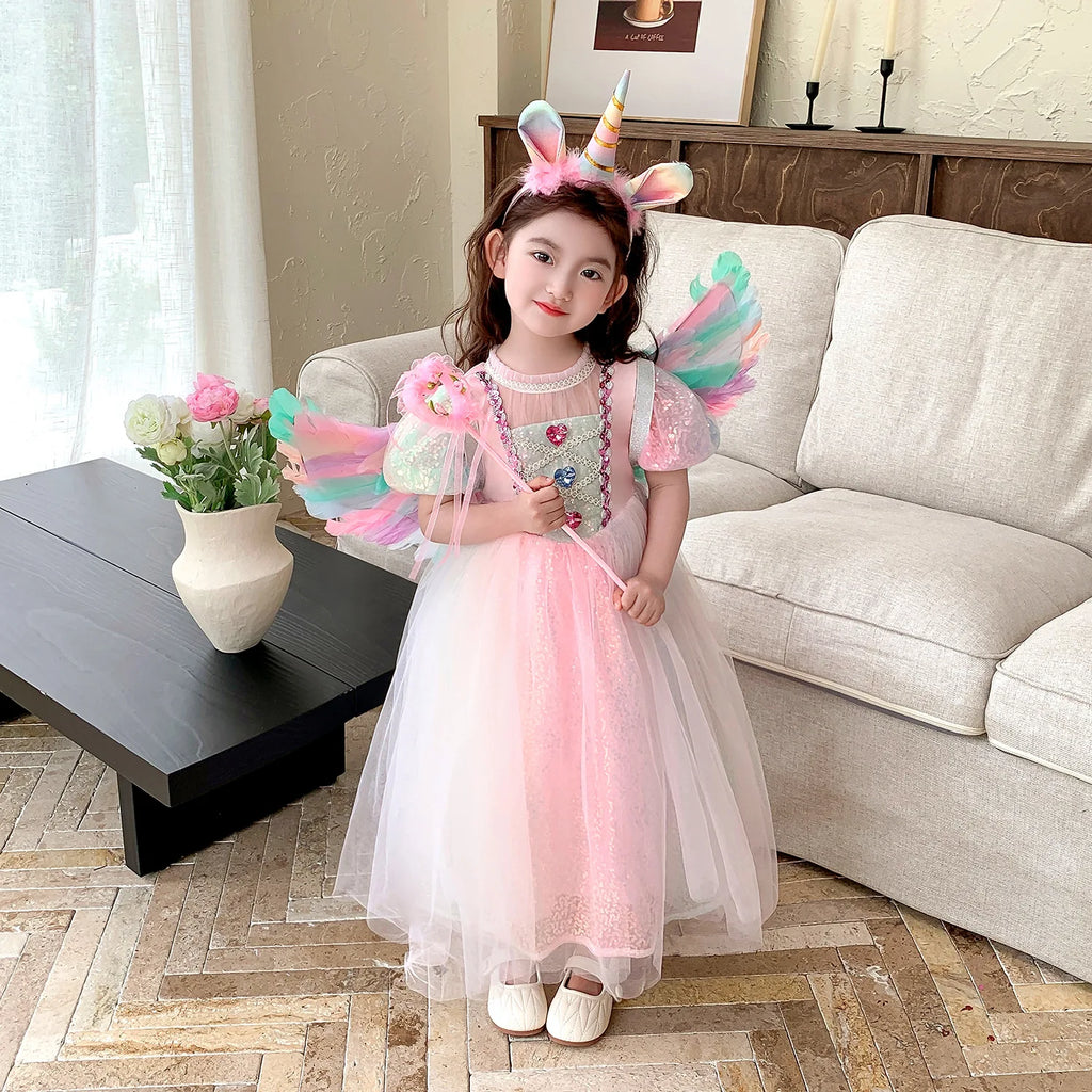 Meerjungfrau Prinzessin Kleid Mädchen Pailletten Perlen Puffärmel – Faschingskostüm Halloween Cosplay