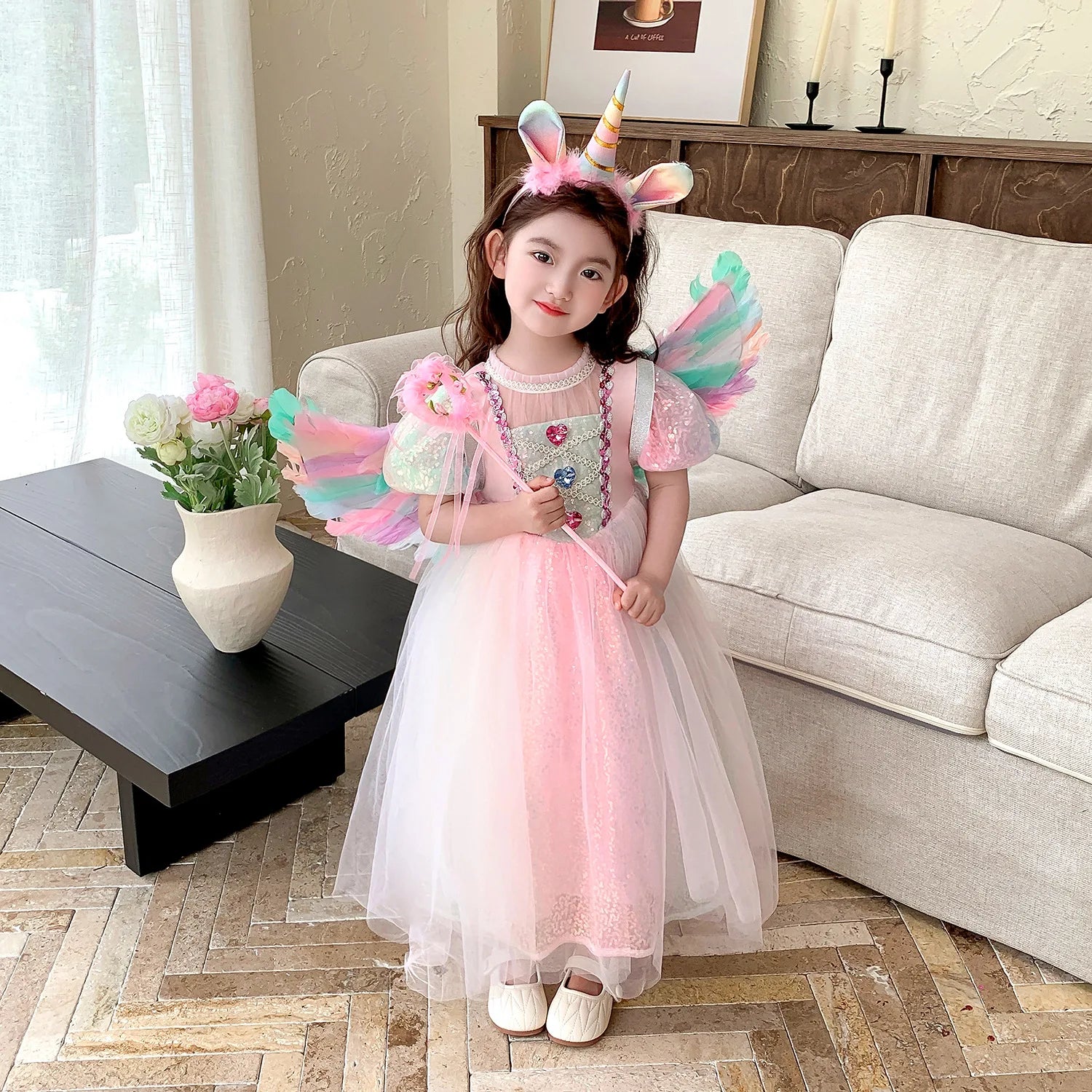Meerjungfrau Prinzessin Kleid Mädchen Pailletten Perlen Puffärmel – Faschingskostüm Halloween Cosplay