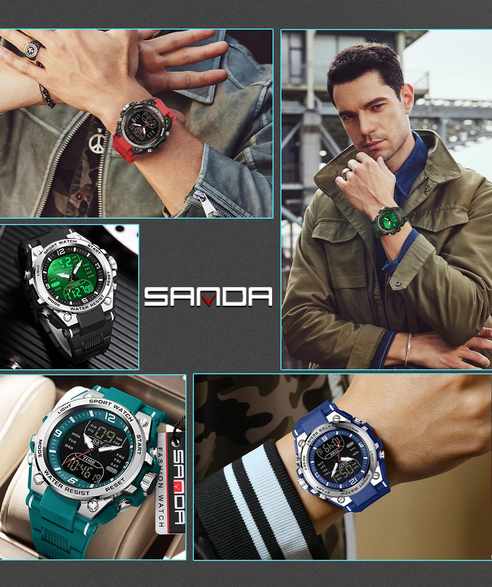 Montre Homme SANDA Militaire Tactique G-Style – LED Digital Quartz Étanche 50M Sport Luxe