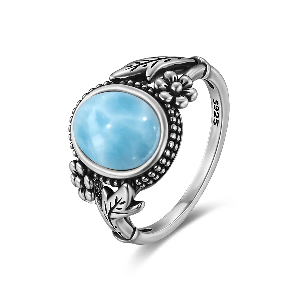 Bague Argent 925 Pierre Larimar Naturelle Vintage – Forme Fleur Ronde Bleu Ciel & Eau de Mer | Bijou Fin Unisexe Pierre Rare des Caraïbes & Cadeau Premium
