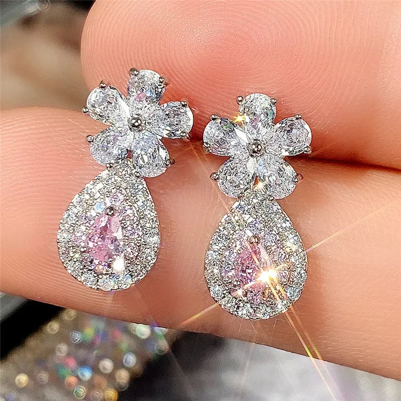 Ohrringe Zirkonia Rosa Koreanisches Silber 2026 – Ohrstecker Luxus Mode Schmuck Geschenk Frau