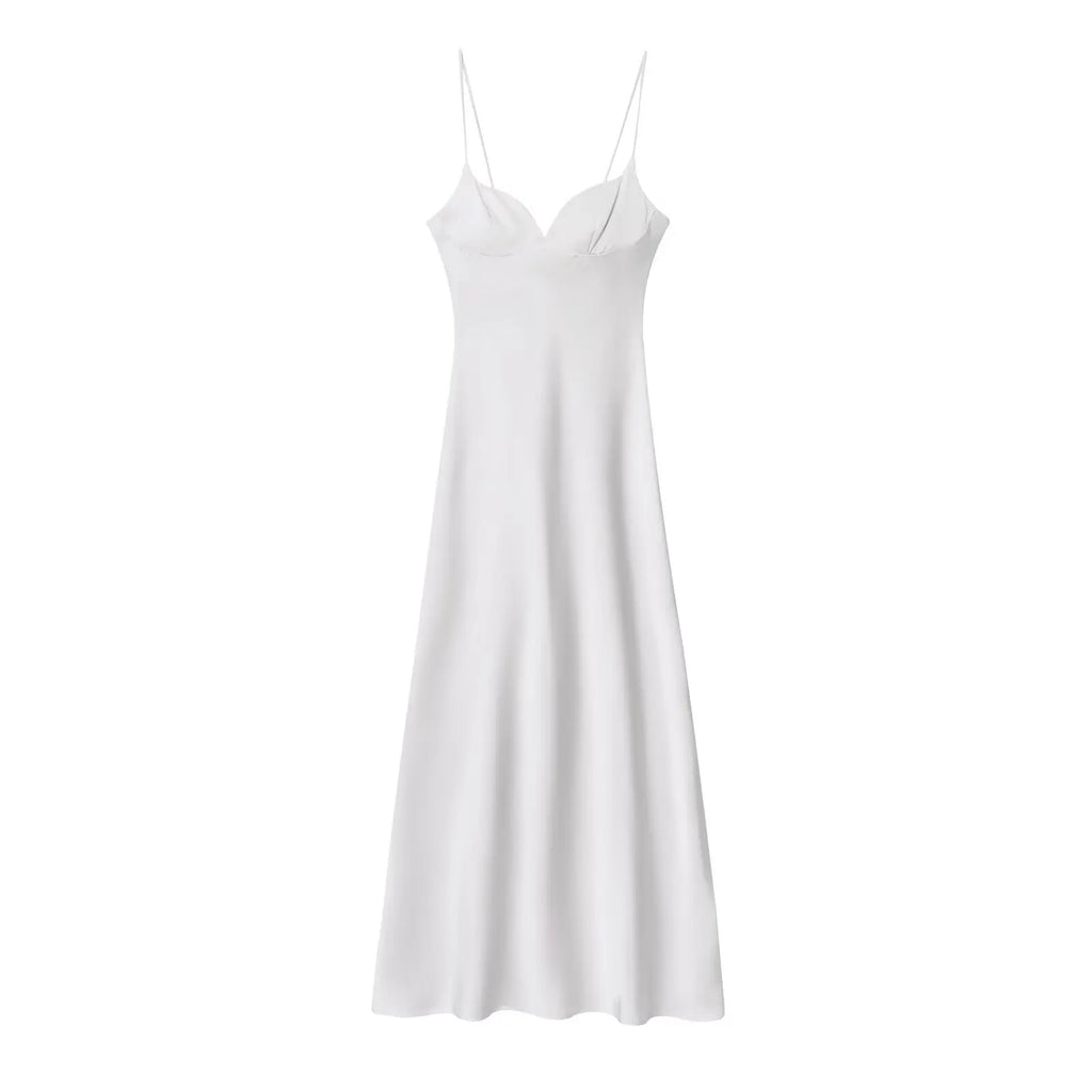 Robe Longue Femme Satin Rouge Col V Bretelles Sans Manches – Fermeture Dos Zip Élégante | HH Été 2025