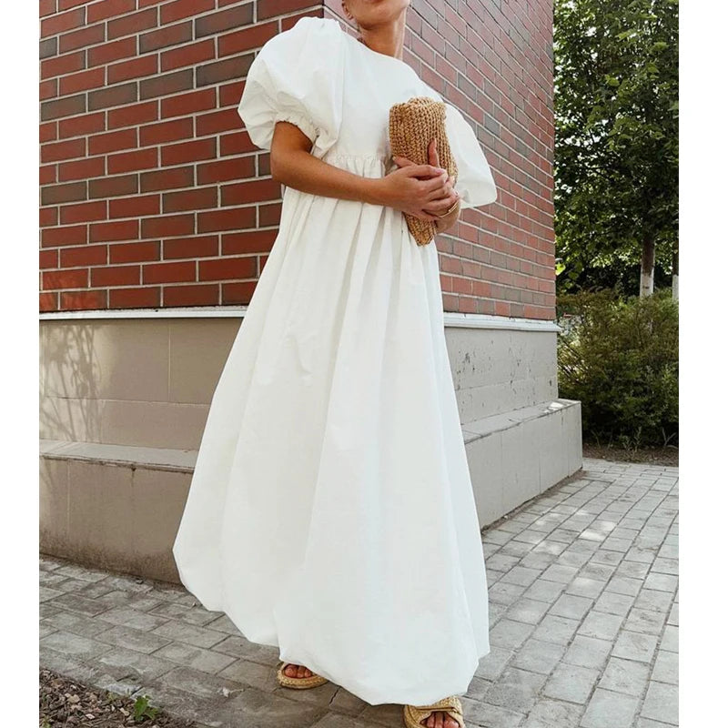 Robe Maxi Femme Boho Blanche Manches Bouffantes Taille Haute Ample Coton – Longue Été Bohème