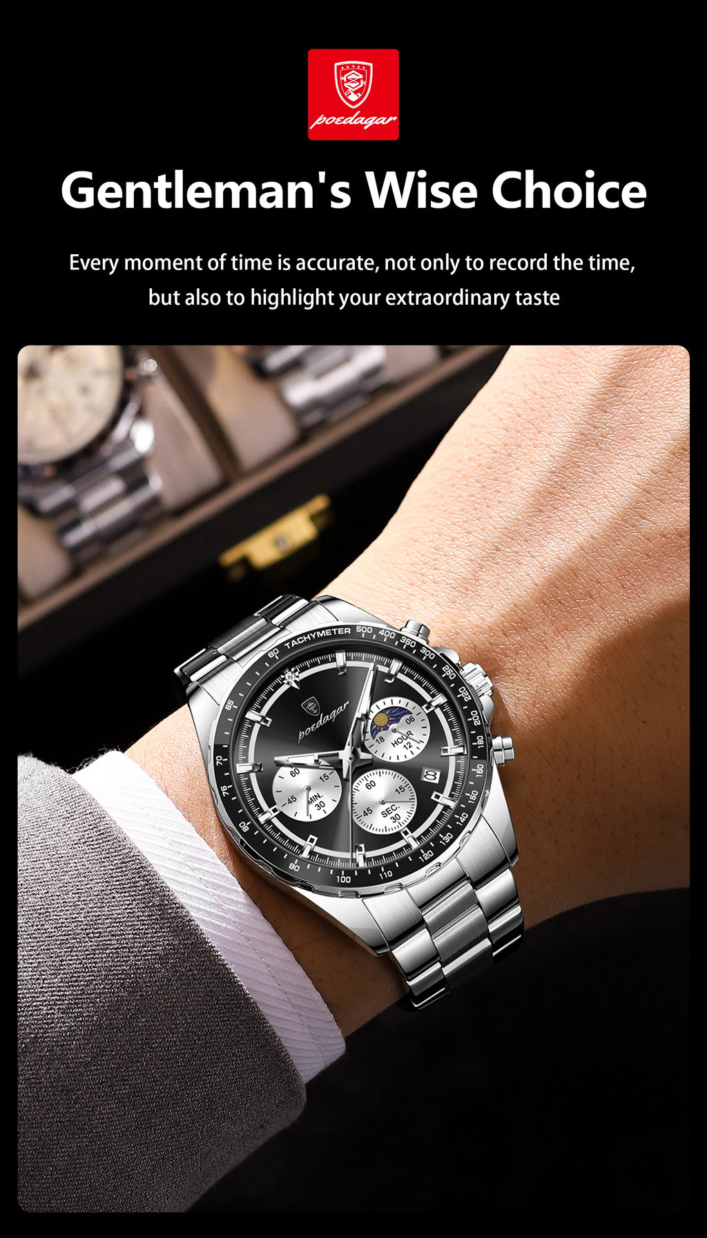 Montre Homme POEDAGAR Business Quartz Chronographe – Acier Lumineux Étanche Date Fashion