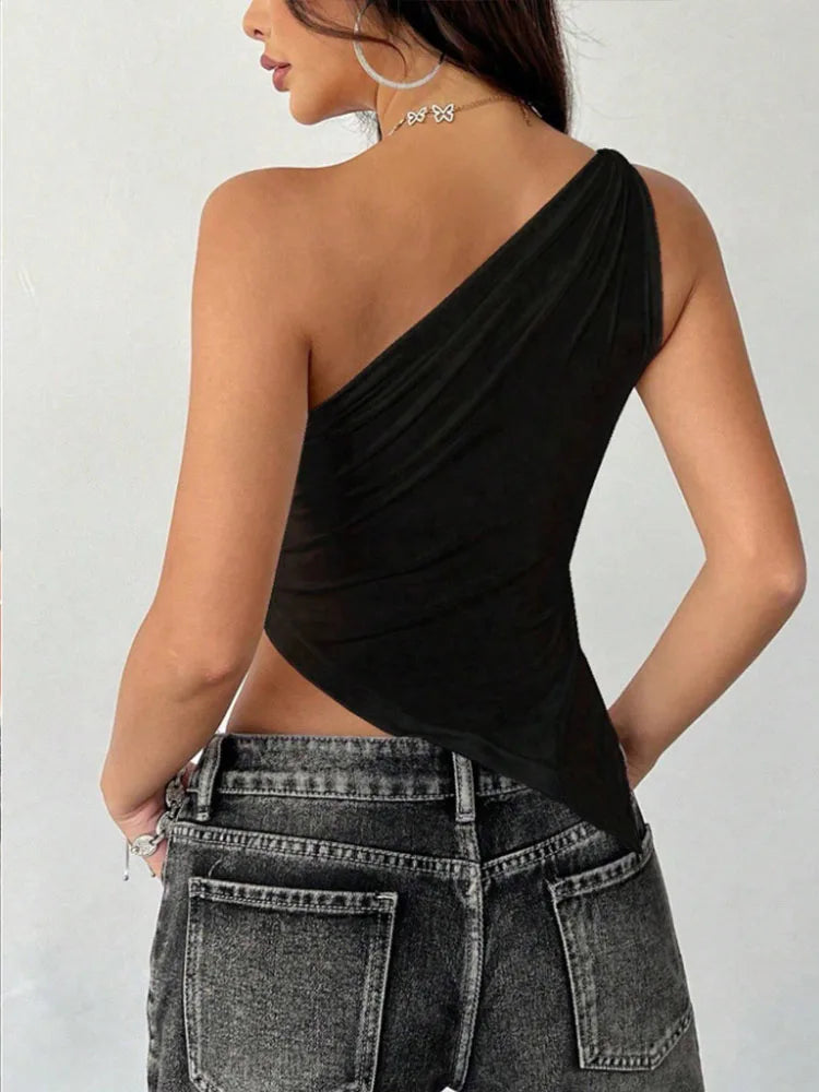 Top Femme T-Shirt Épaule Dénudée Asymmétrique Slim Fit Uni Casual – Haut Tendance Col Original Élégant | Mode 2025