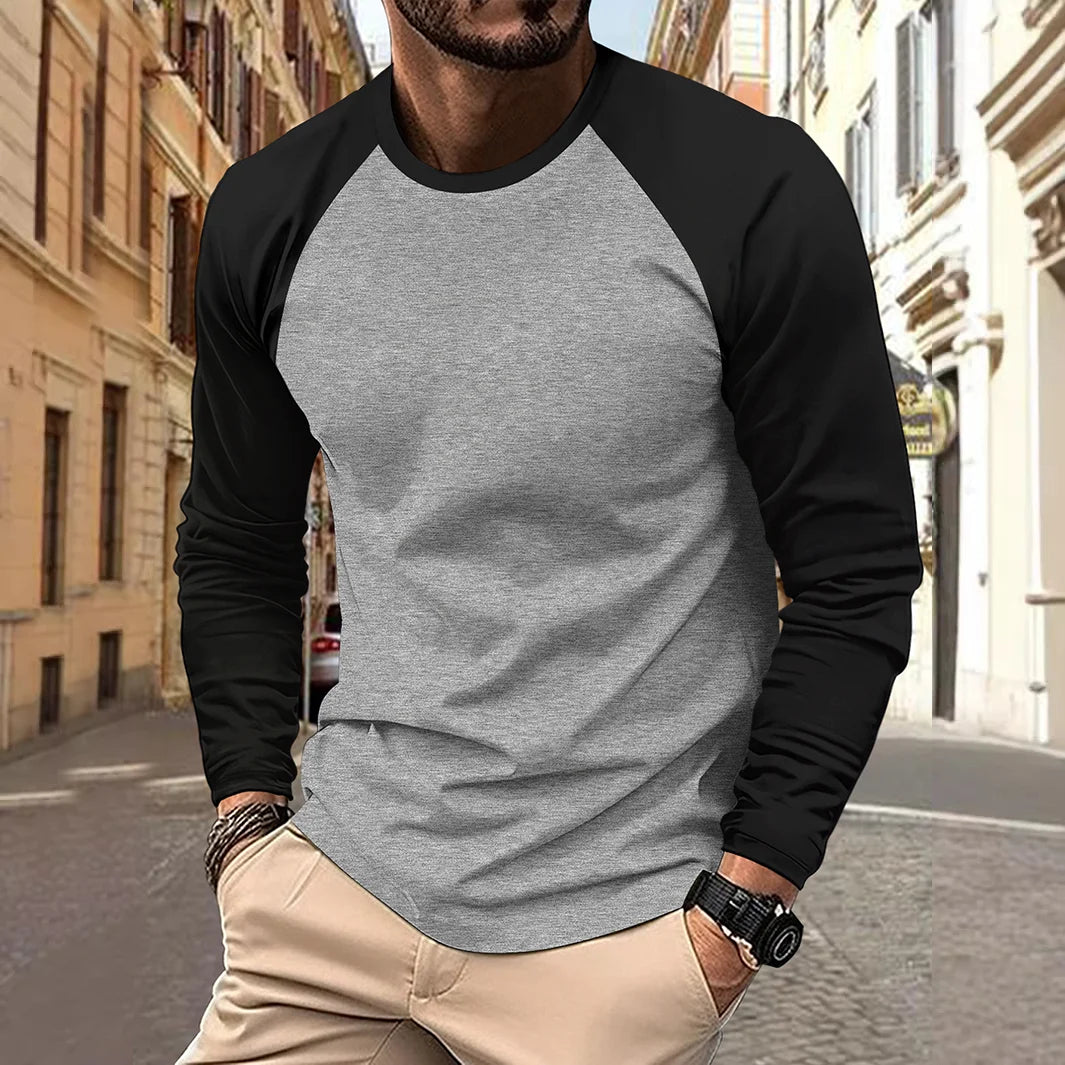 T-Shirt Homme Manches Longues Col Rond Patchwork Bicolore Raglan Casual – Tendance Printemps Automne Confortable | Mode Homme Streetwear