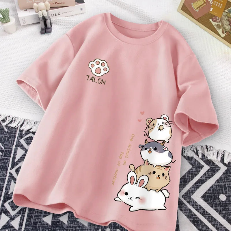 T-Shirt Imprimé Hamster Kawaii Style Japonais Femme – Coupe Loose Casual | Été Cute & Doux