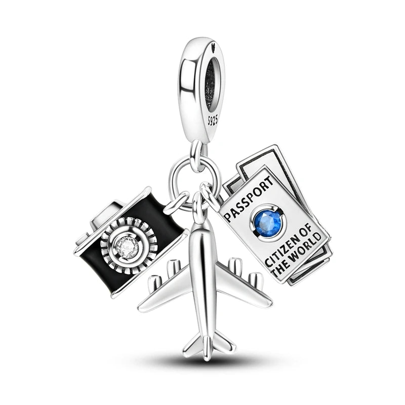 Charm Perle Argent 925 DIY — Avion Tour Appareil Photo Bracelet Collier Femme