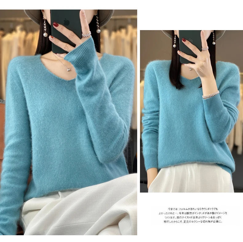 Kaschmirpullover 100% Wolle V-Ausschnitt Damen - Strick Casual Korean Fashion Herbst Winter