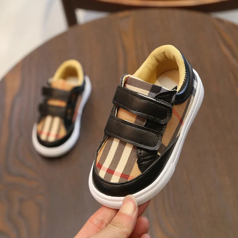Baskets Enfant Style Coréen Carreaux Blanc – Sneakers Cuir PU Casual Unisexe 3-8 Ans