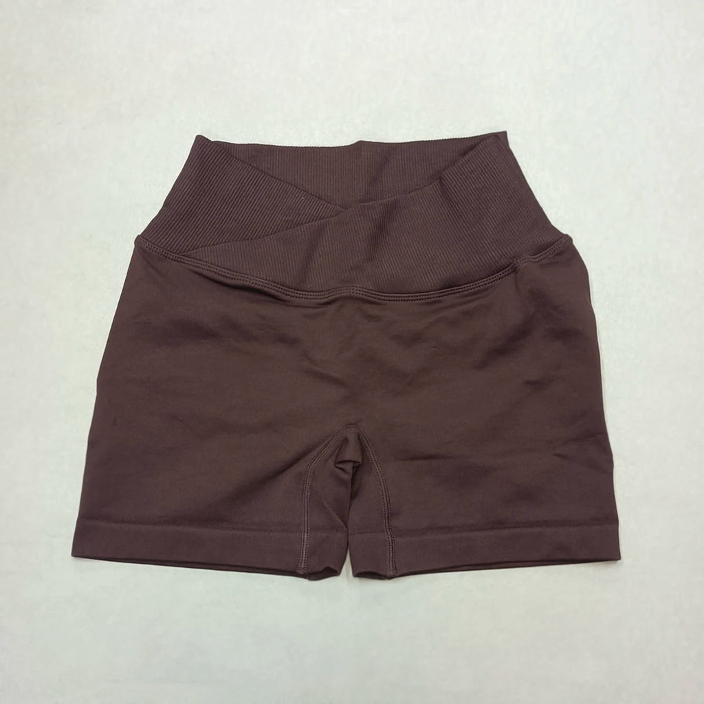 Short Yoga Femme Taille Haute Croisée Gainant Fessier Gym Running Fitness – Short Sport Sculptant Élastique | Mode Athleisure