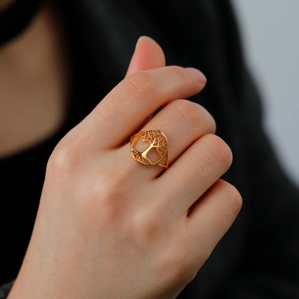 Bague Arbre de Vie Acier Inoxydable Argenté – Symbole Nature & Spiritualité | Bijou Unisexe Couple & Mariage | Cadeau Intemporel