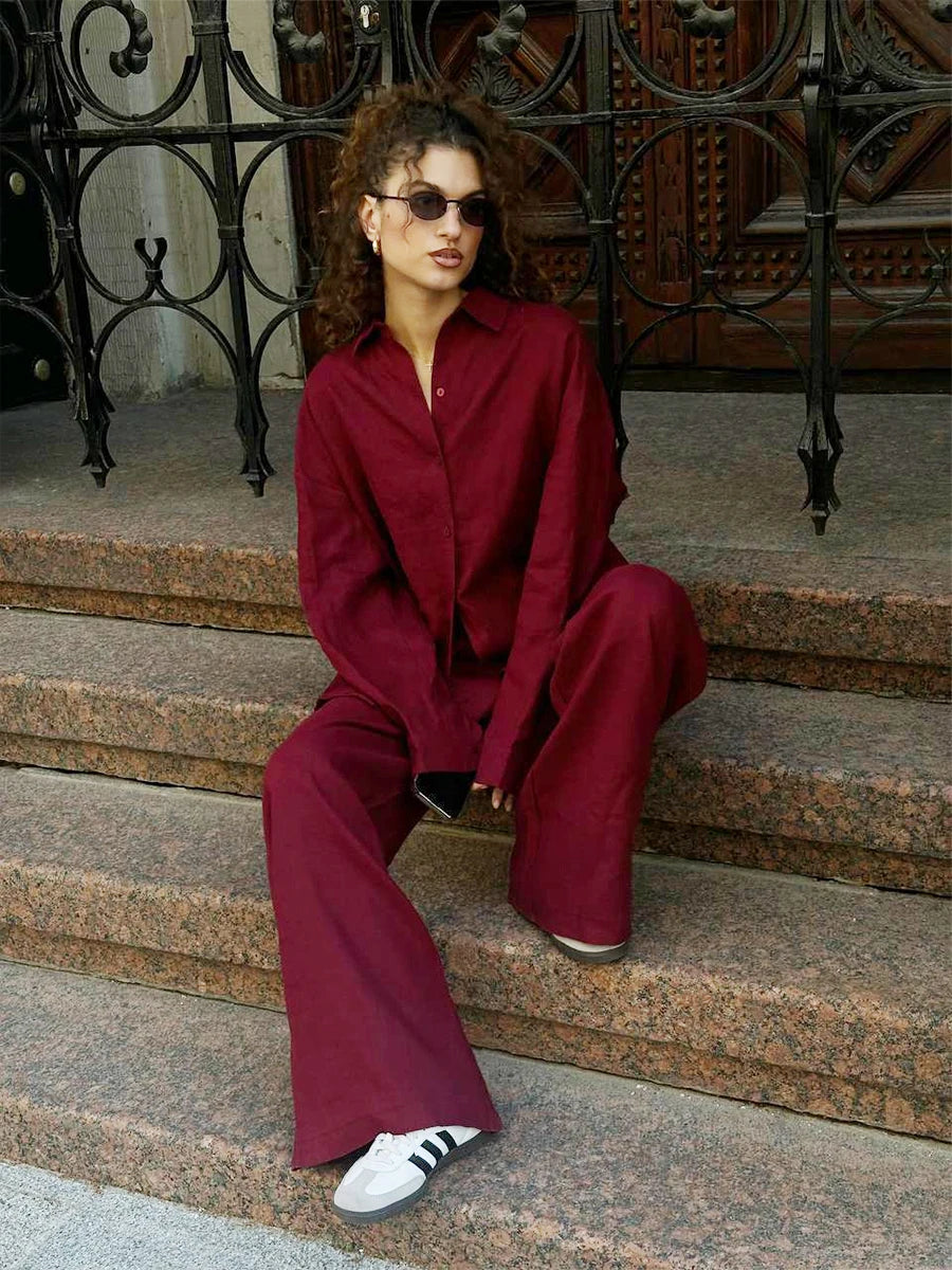 Damen-Zweiteiler aus Baumwolle, legeres Reverskragenhemd mit langen Ärmeln und Hose mit elastischem Bund, einfarbig, bequem – Sommer-Outfit | Bornladies