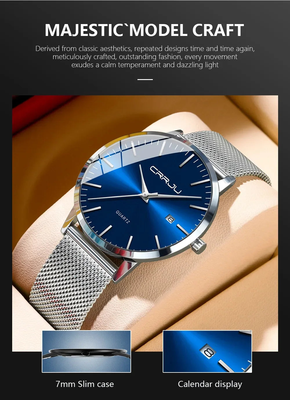 Montre Homme Acier 40mm Ultra-Slim 7mm Maille Métallique – Automatique Minimaliste Classique