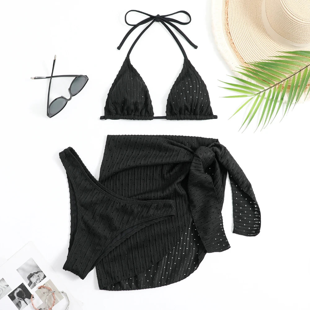 Bikini 3 Pièces Halter Femme Sexy Tanga – Maillot de Bain Avec Paréo Jupe | Blanc Noir Rose Vert Été