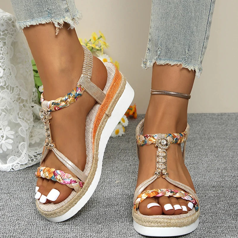 Sandales T-Strap Wedge Mix Color Femme – Bande Élastique Plateforme Bout Ouvert Été