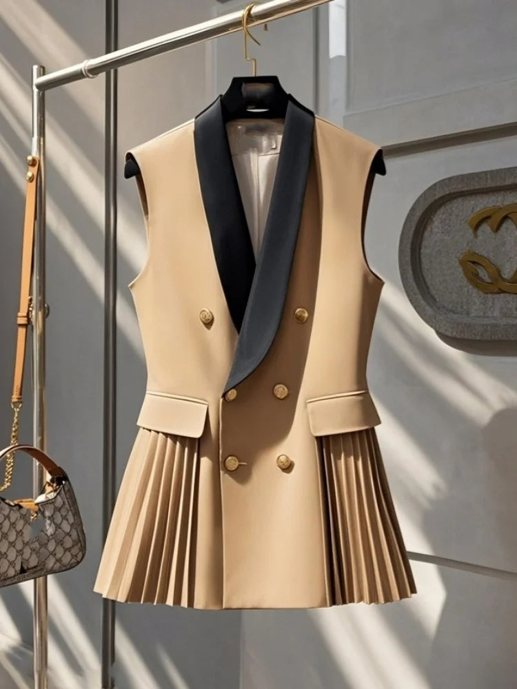 Gilet Blazer Femme Sans Manches Color Block Café Rétro Élégant – Veste Tailleur Bureau Casual Chic Printemps Été | Mode