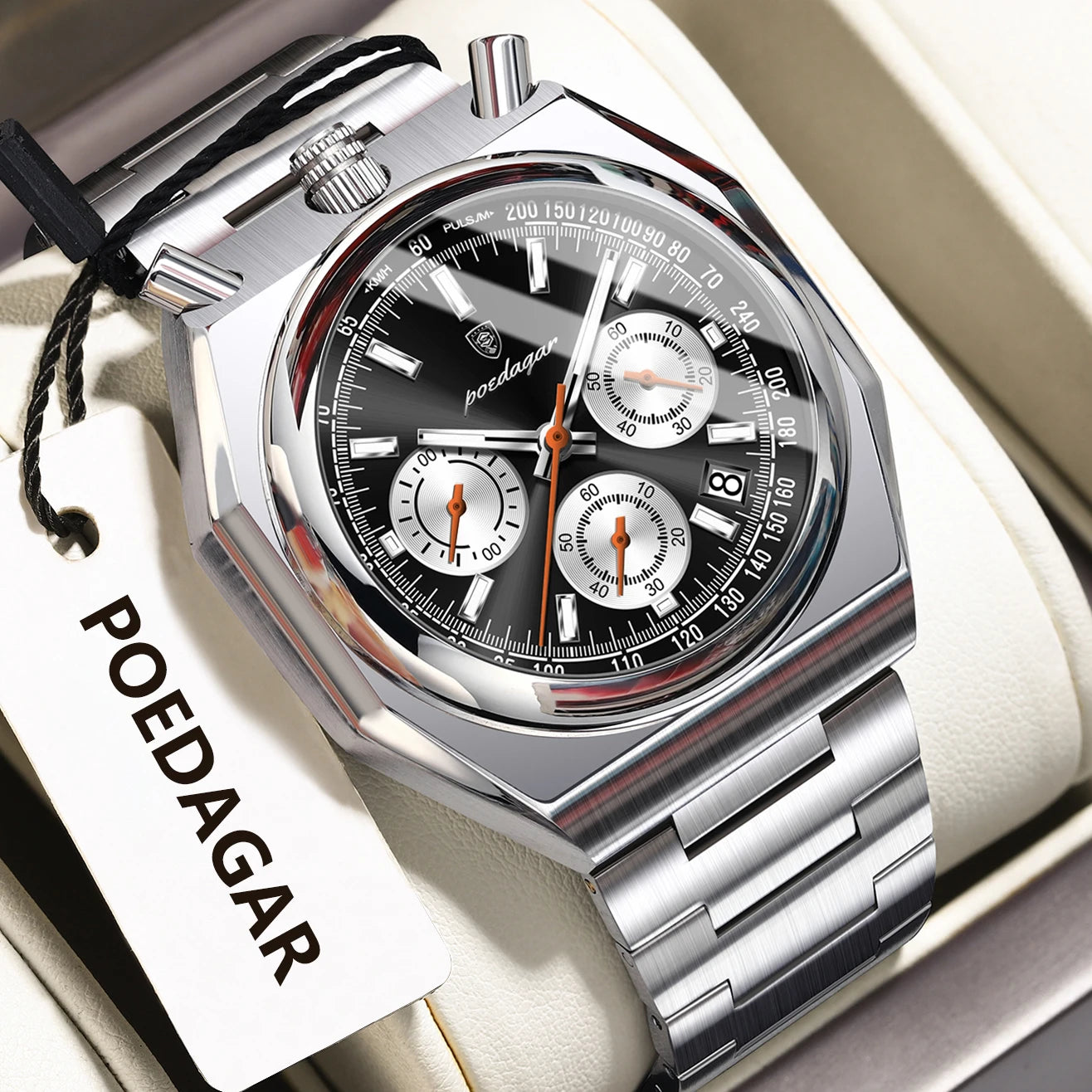 Montre Homme Luxe POEDAGAR Chronographe Militaire Acier Inoxydable Lumineux Étanche + Boîte