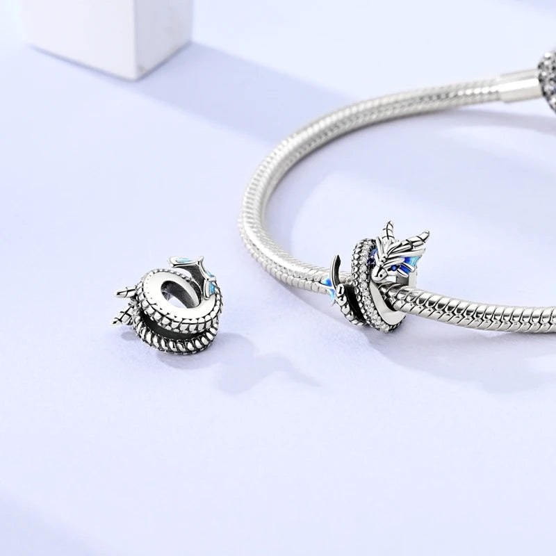 Charm Argent 925 Bleu Rotatif – Œil Démon, Main, Lune & Ciel Étoilé | Perle Pendentif Bracelet Femme | Bijou Spirituel & Mystique