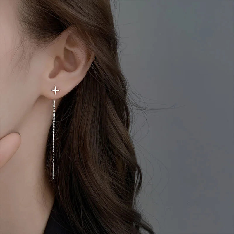 Boucles d'Oreilles Pendantes Longues Chaîne Étoile Argenté – Aiguille Droite Piercing | Style Minimaliste Tendance | Bijou Femme Mode & Soirée