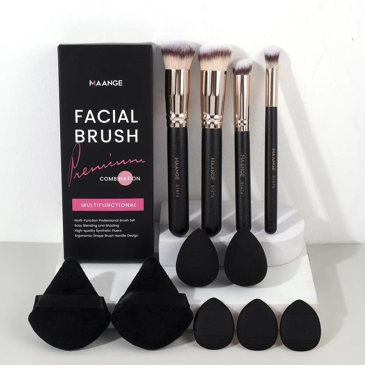 Kit Outils Maquillage 11 Pcs MAANGE – 4 Pinceaux, Puff Poudre, Éponge, Coussin d’Air & Correcteur | Set Complet Fard à Paupières