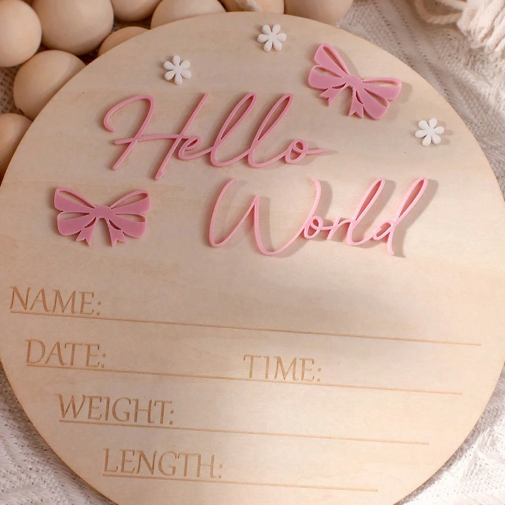 Pancarte Naissance Bébé « Hello World » – Déco Maternité Rose Poudré Papillon Étoile Photo Nouveau-Né