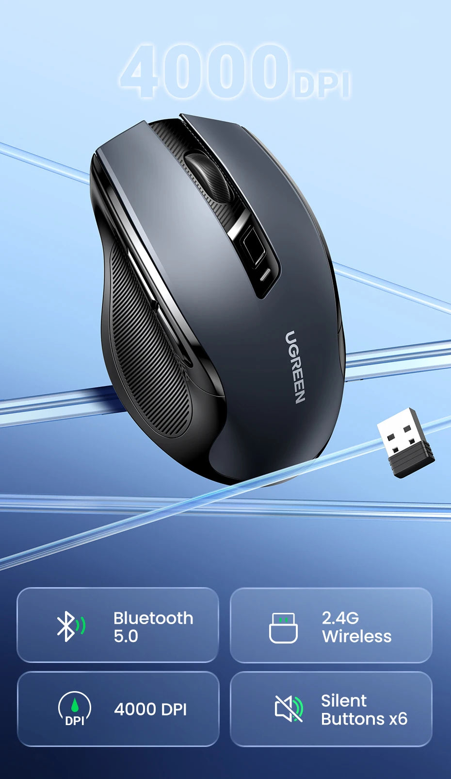 UGREEN Souris Sans Fil Ergonomique – Bluetooth 5.0 & 2.4G, 4000 DPI, 6 Boutons Silencieux | MacBook, PC & Tablette