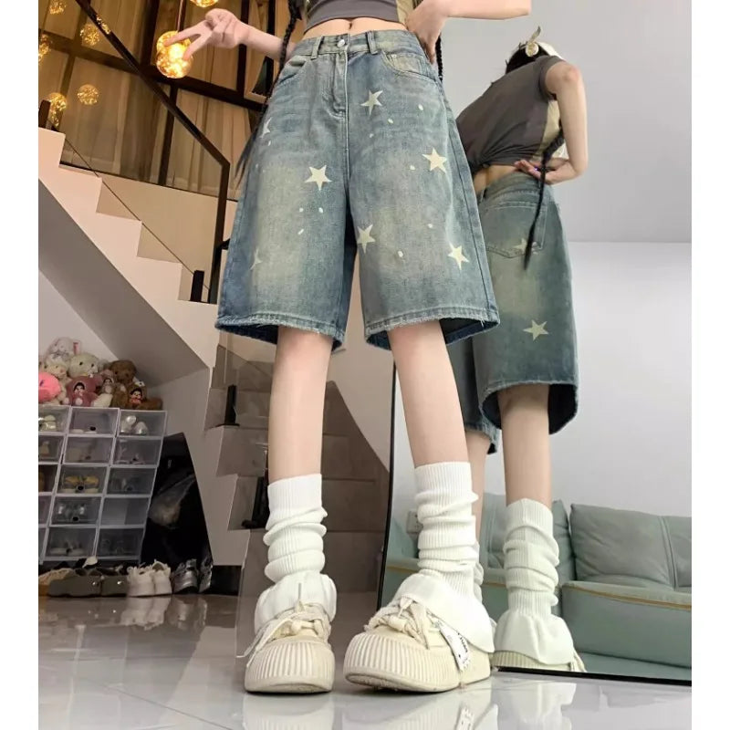 Short Jean Femme Imprimé Floral & Étoiles Style Rétro Américain – Jambe Droite Large Stretch Confortable
