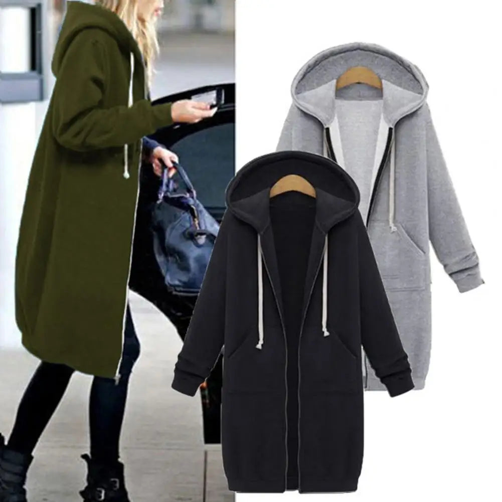 Veste Sweat Femme Polaire À Capuche Longue Zip Manches Longues Ample – Chaud & Confortable | Automne Hiver