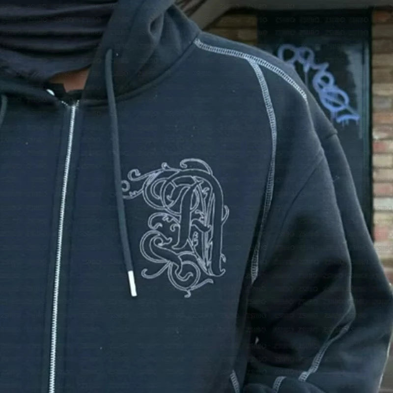 Ensemble 2 Pièces Y2K Américain Unisexe – Sweat Capuche Zip Oversize Broderie Hip Hop + Jogging Casual Homme & Femme | Streetwear