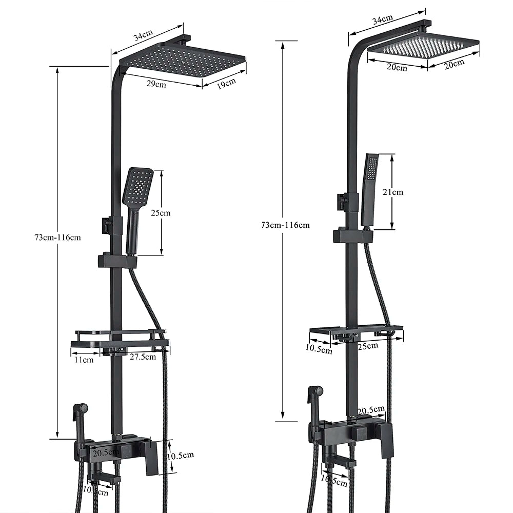 Ensemble Douche Pluie Mural Noir & Chrome Laiton – Étagère Offerte, Mitigeur Eau Chaude & Froide | Système Complet Salle de Bain