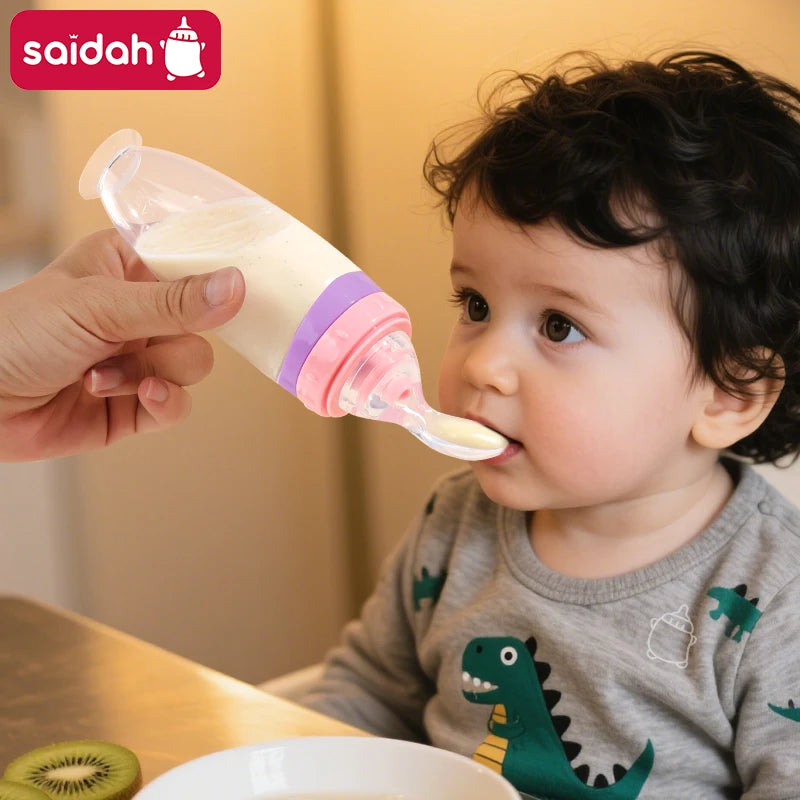 Biberon Pressable Silicone Bébé 120ml – Distributeur Purée Fruits Bouillie Cuillère Détachable