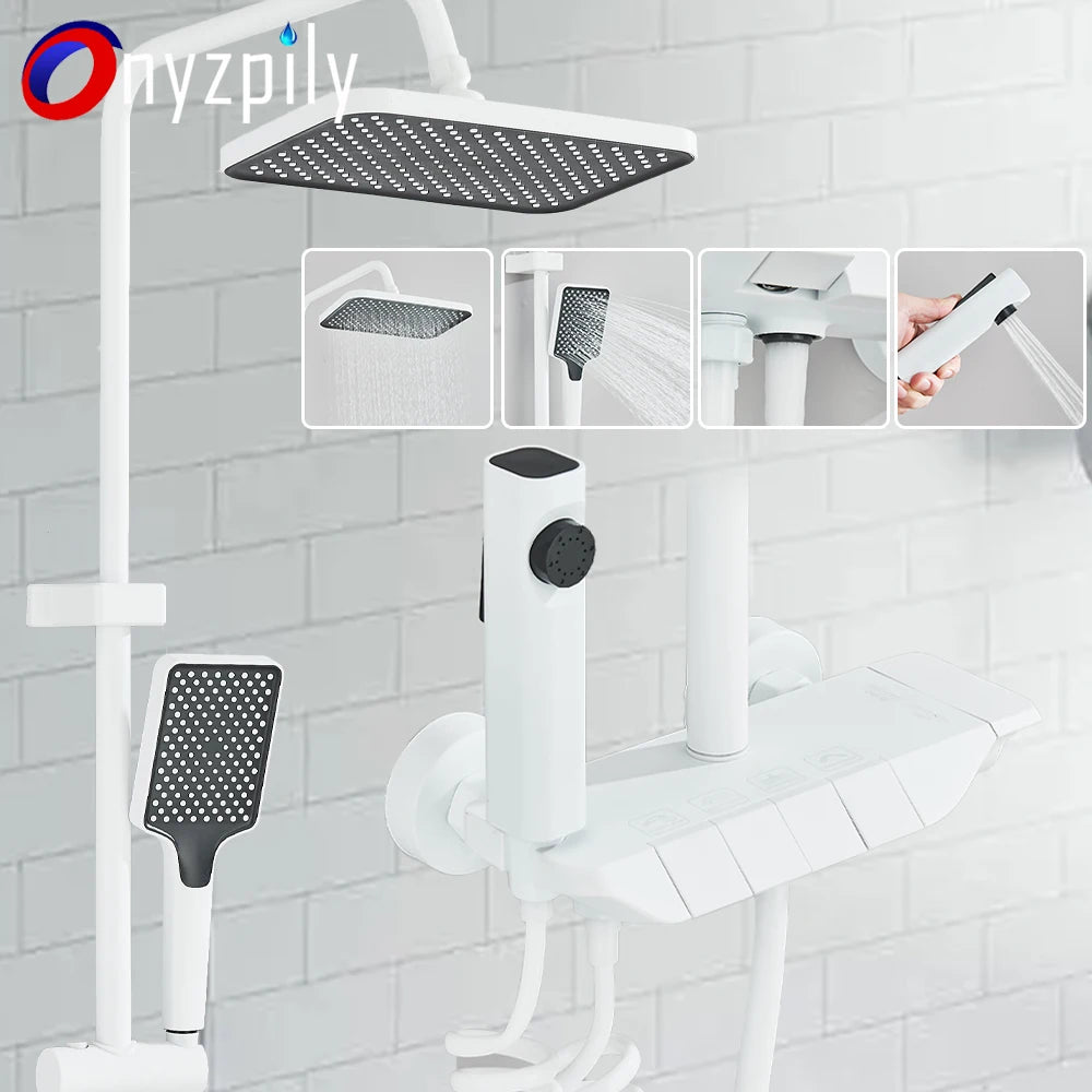Ensemble Douche Blanc 4 Voies Style Piano – Pluie, Affichage Digital Optionnel & Bidet | Système Douche Complet