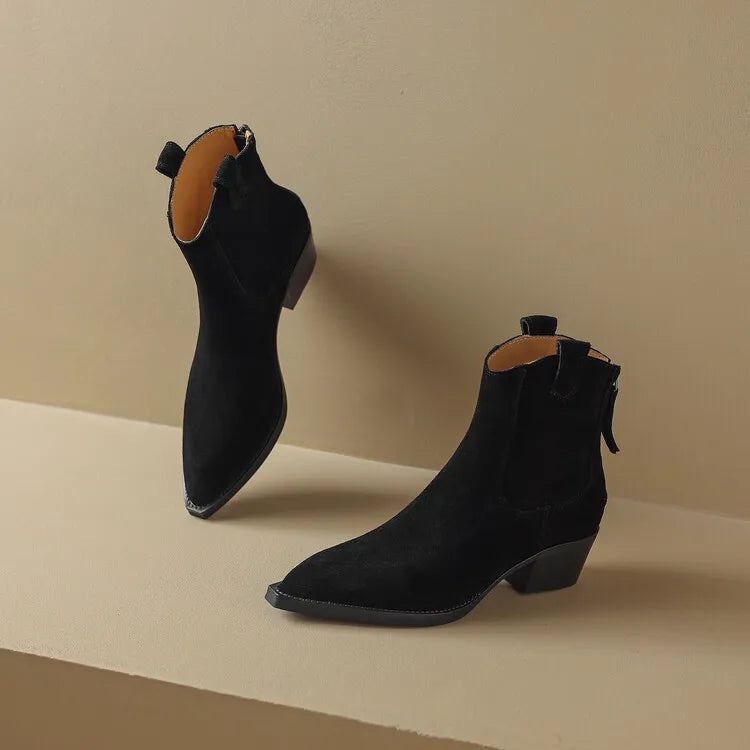 Bottes Suède Vache Chunky Heel Western Femme – Bout Pointu Noir Zip Concis Automne