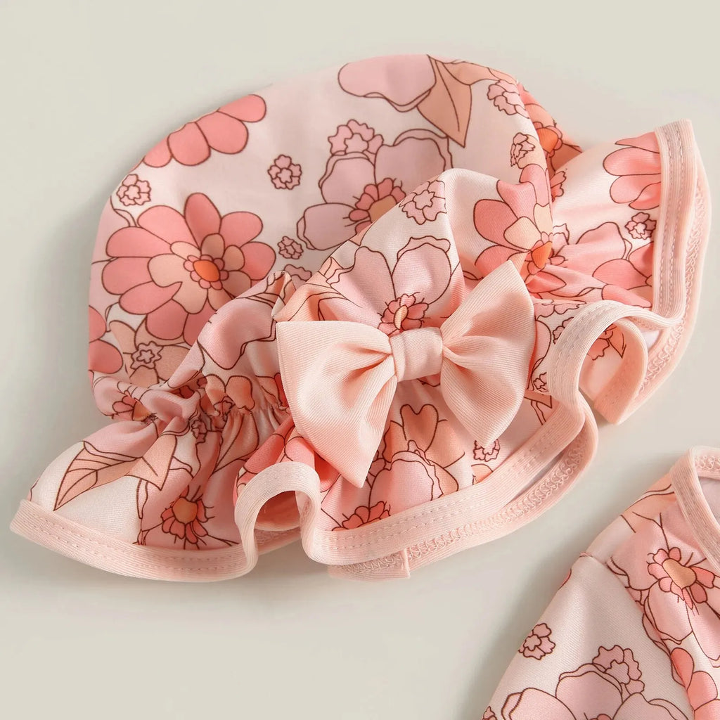 Maillot de Bain Bébé Fille Combinaison Zipper – Imprimé Flamant Rose Fleurs Manches Longues + Bandeau Été