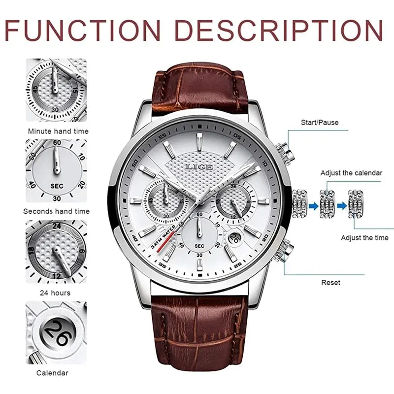 Montre Homme Luxe LIGE Chronographe Quartz Cuir – Business Sport Étanche Date 2025