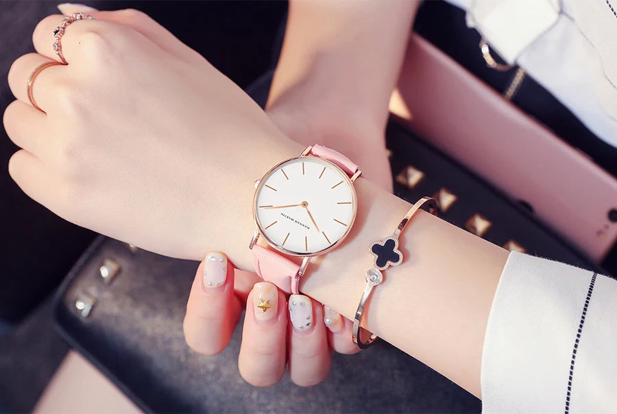 Montre Femme Luxe HANNAH MARTIN Ultra-Fine 36mm Cuir Or Rose – Étanche Élégante Fashion