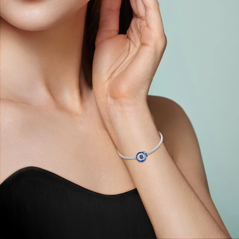 Charm Argent 925 Bleu Rotatif – Œil Démon, Main, Lune & Ciel Étoilé | Perle Pendentif Bracelet Femme | Bijou Spirituel & Mystique