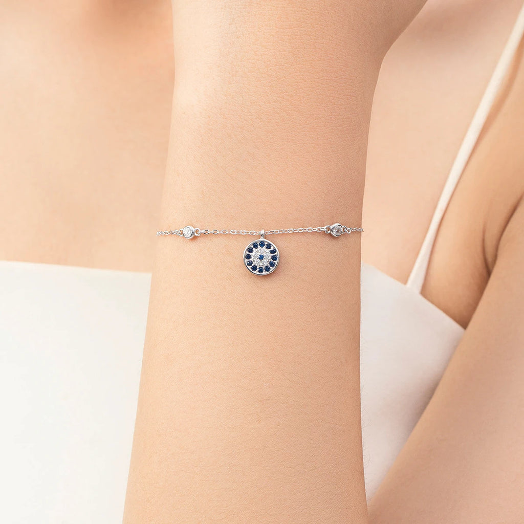 Bracelet Argent 925 Pur MODIAN Luxe – Yeux Turquoise Bleu & Zircon Cubique Cristal Transparent | Bijou Fin Femme Chaîne Maille Élégante & Hypoallergénique